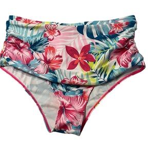 Bathing Suit Bottom Women’s Size 1XL Tropical Print High Waist Ruching Detail